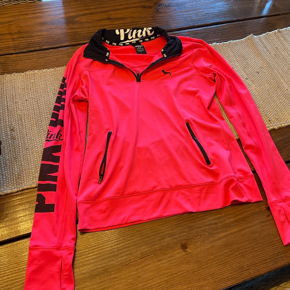 PINK Victoria's Secret Neon Pink Half-Zip Pullover with Black Accents